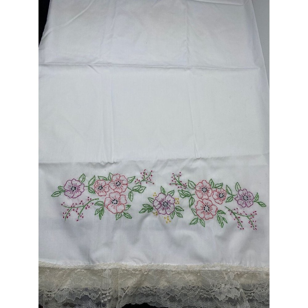 Vintage Embroidered Pillowcase Lace Flowers Pink 20" X 33" Cotton